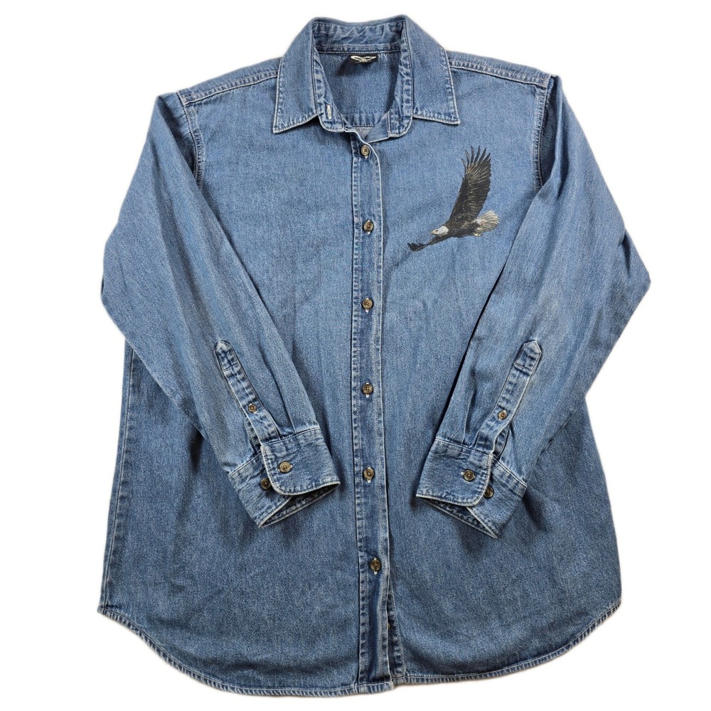 Three Rivers Denim Shirt Womens 2XL Blue Jean Cotton Eagle Graphic Vintage Y2K